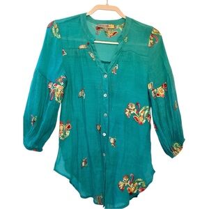Figueroa & Flower Womens Top Teal Embroidered Gauzy Boho Peasant Delicate Size S